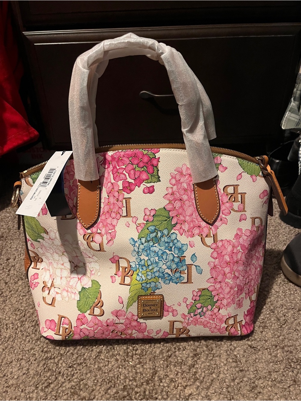 Dooney & Bourke Cream Satchel with Pink and Blue Hydrangea Print